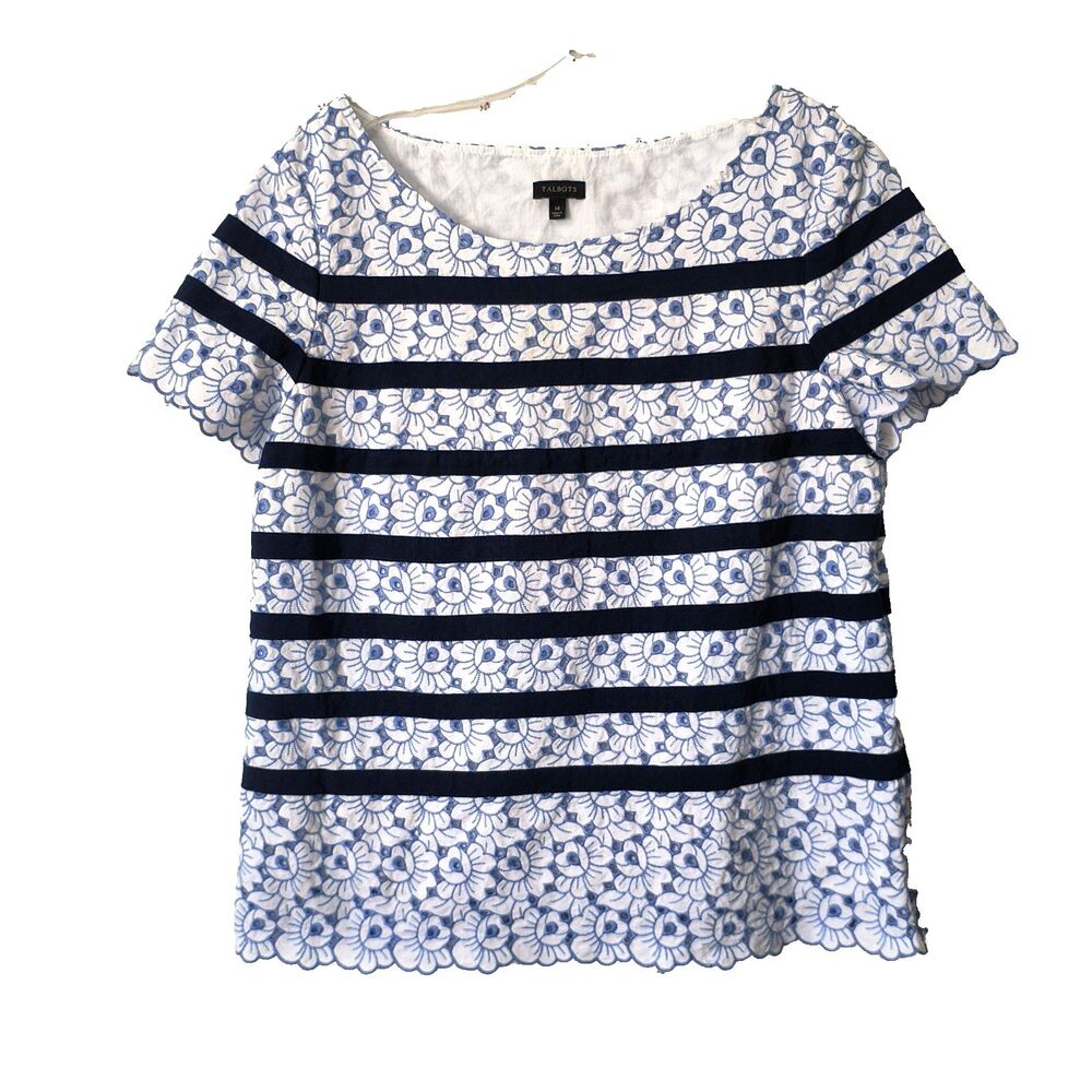 Talbots Top Womens 14 Blue White Cotton Embroidered Floral Boho Tunic Tee Lined